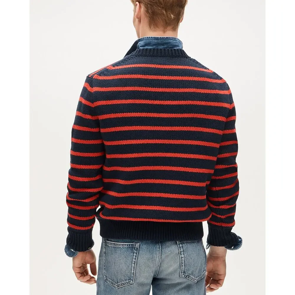 J.Crew Fisherman Knit Preppy Crewneck Darkest Indigo Navy Red Stripe Sweater L